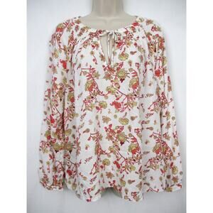 Lucky Brand Top Womens Large Floral Boho Chic Keyhole Smocked Red Yellow